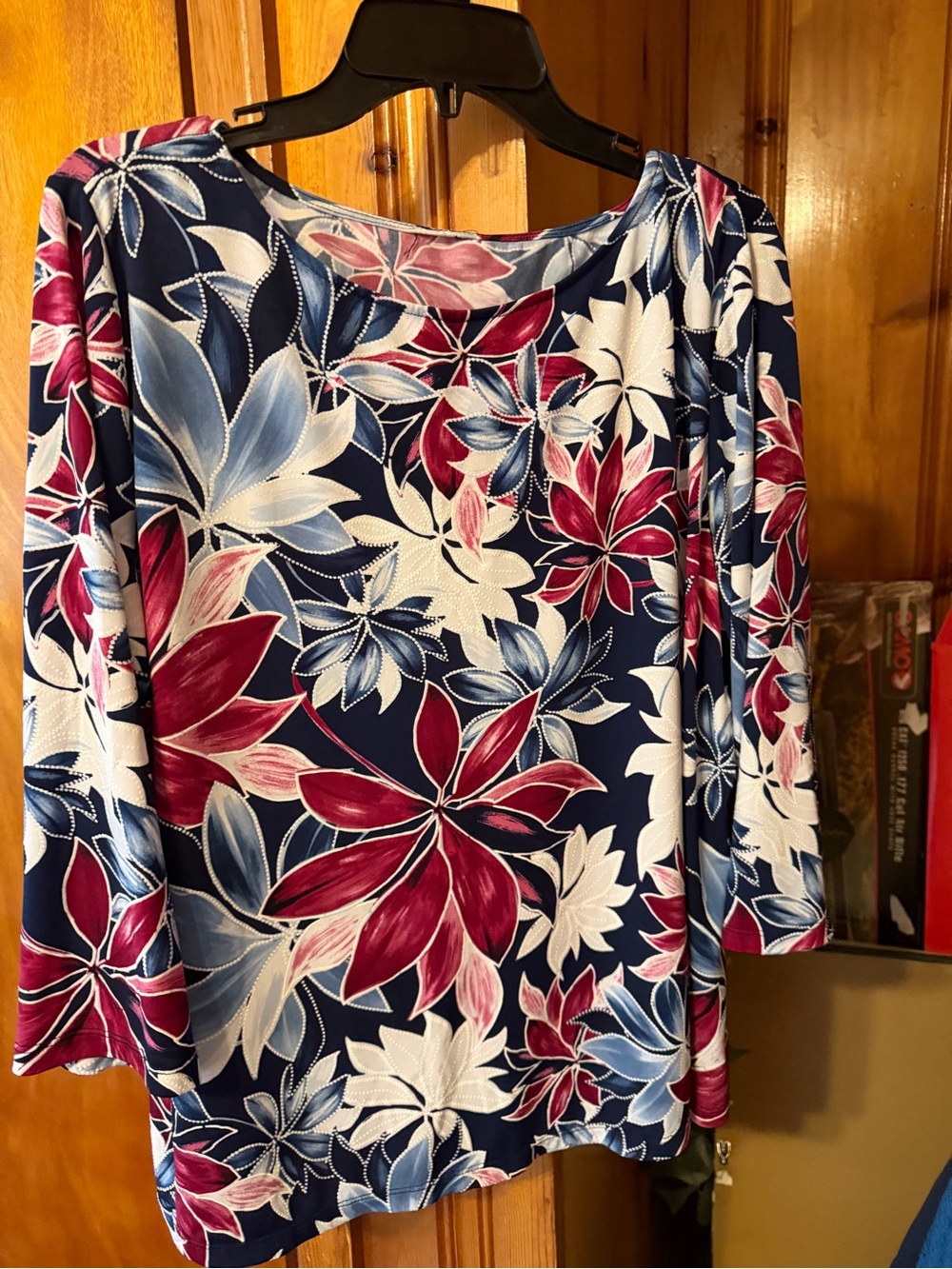 Women’s Navy Floral Boatneck Top with Pink and Light Blue Accents